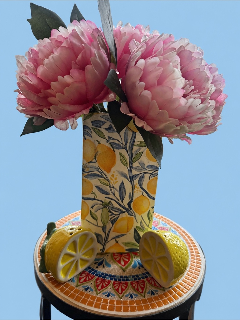 Hand crafted  Floral Vase with Lemon salt and pepper shakers